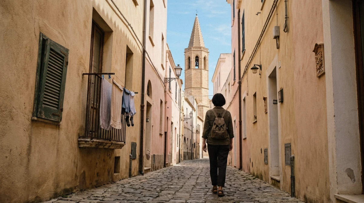 A traveller checking a paper map at the top of Cagliari's Castello steps while walking sardinia old towns without a guide